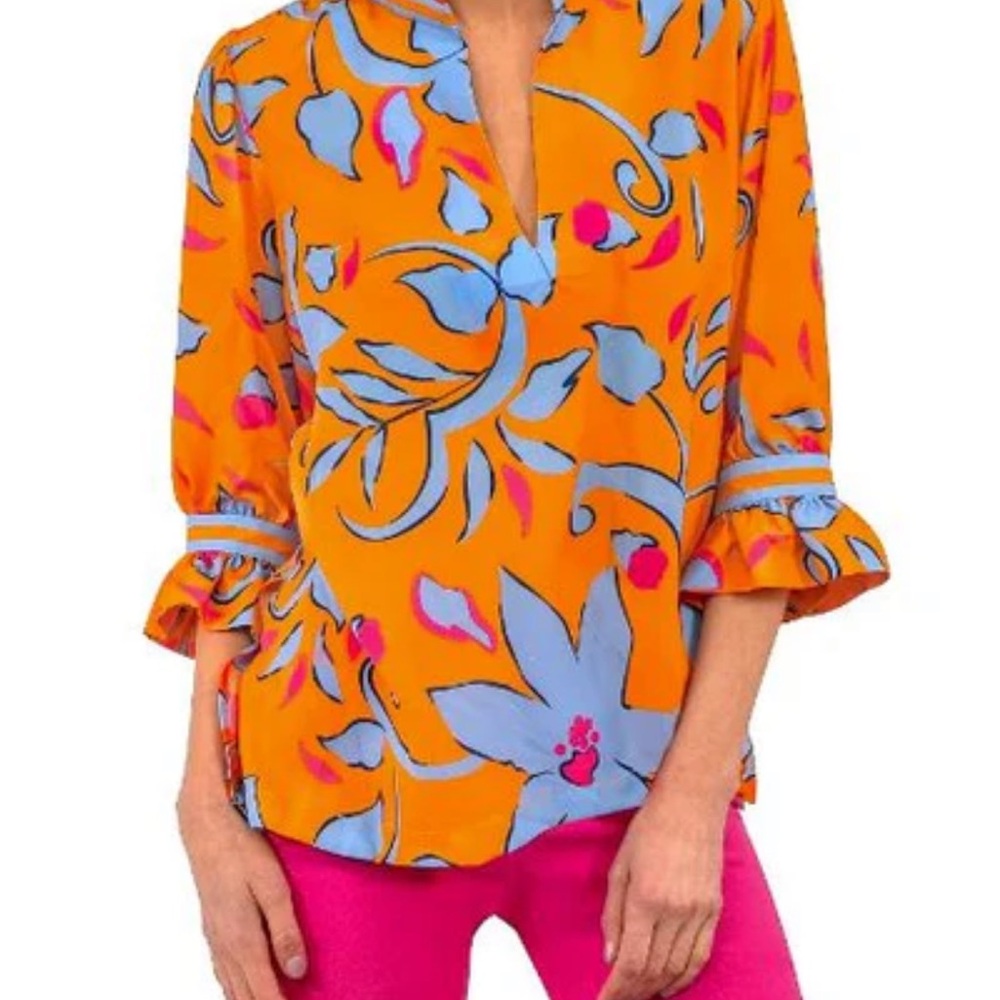 Gretchen Scott Designs Orange Blue Ruffled Blouse